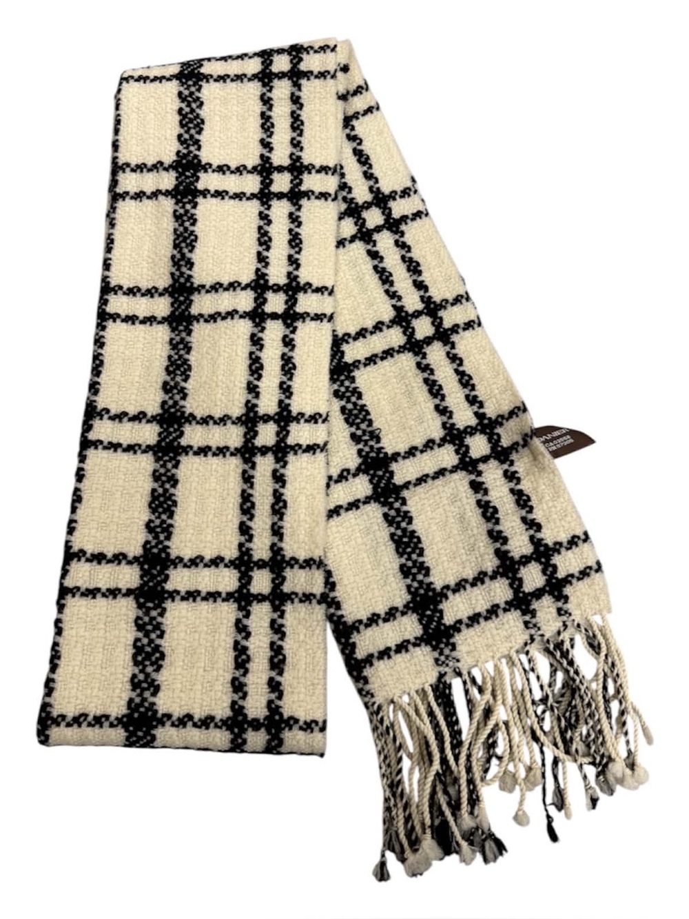 Danier Cream and Black Plaid Fringe Scarf